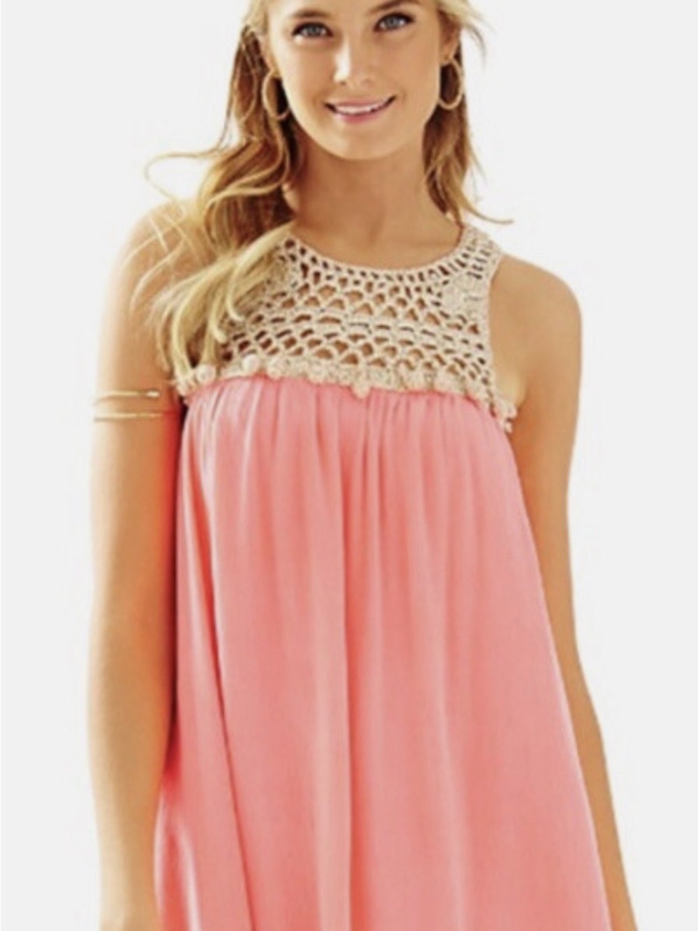 Lilly Pulitzer Coral Pink Sleeveless Tunic with Cream Crochet Yoke